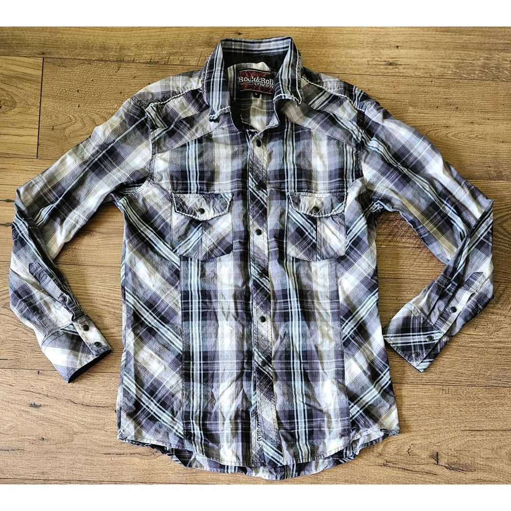 Rock & Roll Cowboy Shirt‎ Mens Medium Black Plaid Black Pearl Snap Western Rodeo